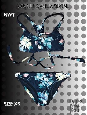 O'Neill Dahlia Floral Bikini Lace Up Active Top Cheeky Classic Bottom Black Blue